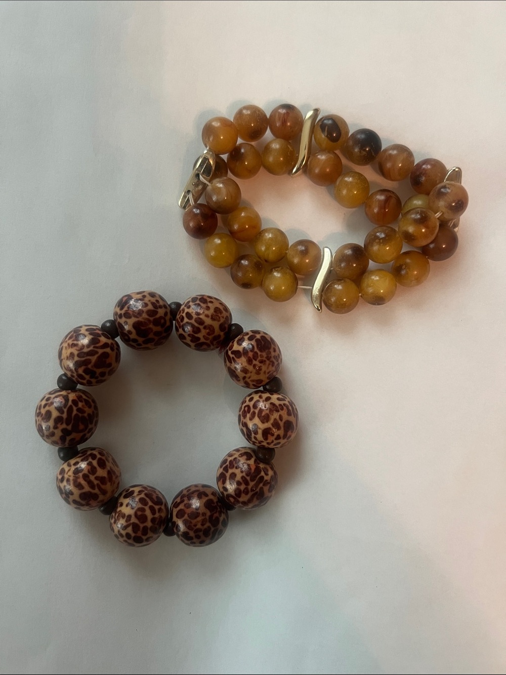 Beaded Brown Leopard Print and Amber Stretch Bracelet Set